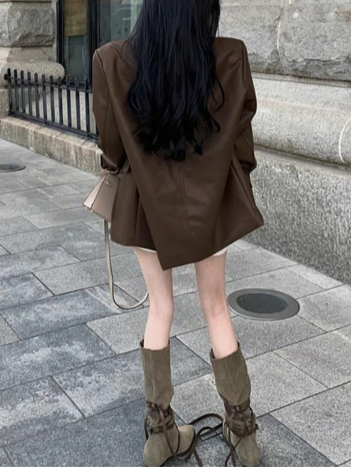 Women's Fashion PU Leather Jacket, Regular Length Blazer, Button Front