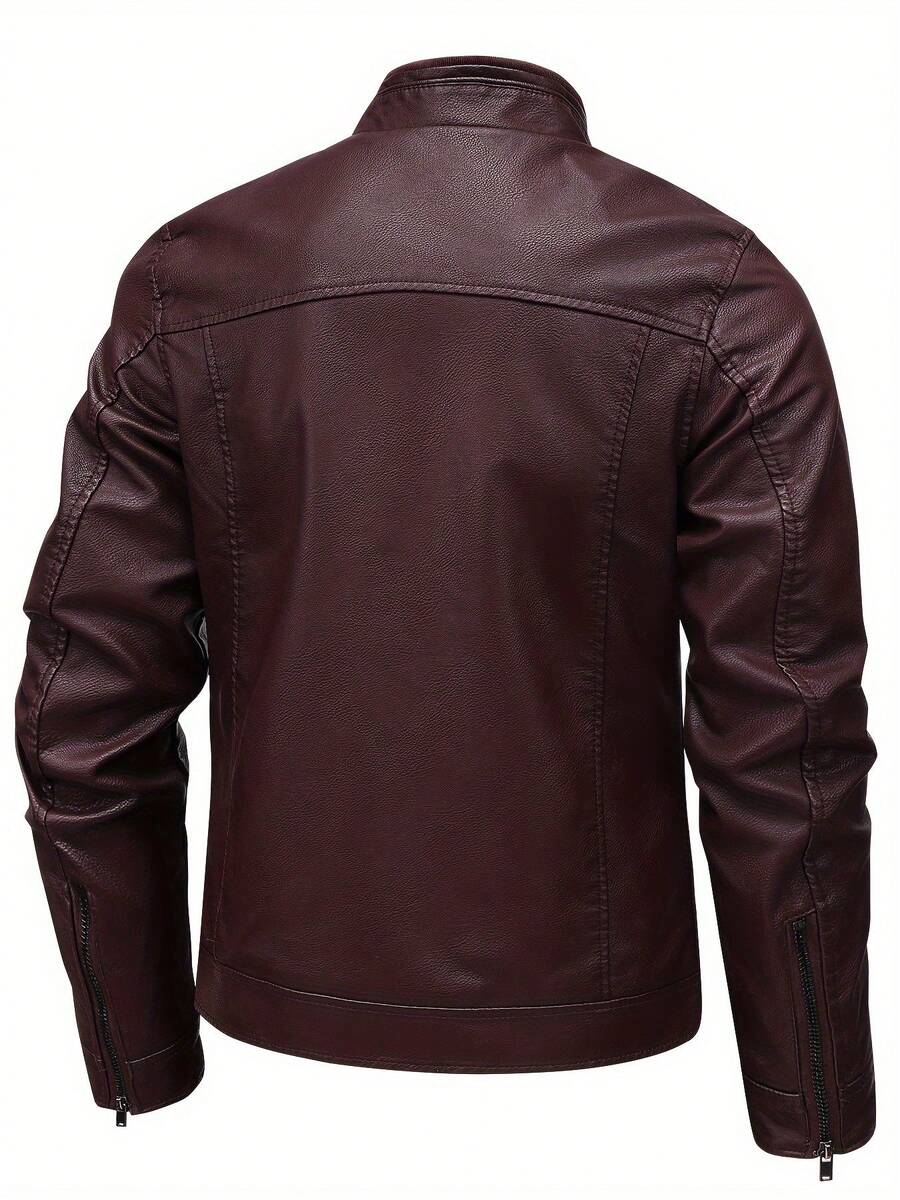 1pc Boyfriend Style Men's Jacket, Spring & Autumn Motorcycle Jacket PU Leather Zipper Coat
