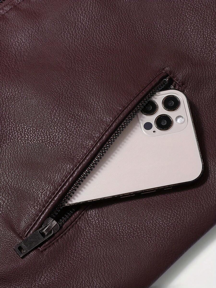 1pc Boyfriend Style Men's Jacket, Spring & Autumn Motorcycle Jacket PU Leather Zipper Coat