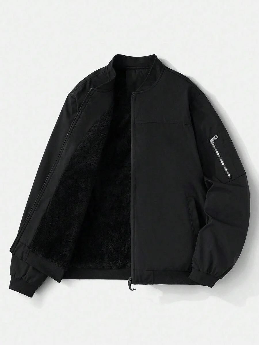 Manfinity EMRG Men's Solid Color Zipper Fashion Versatile Outdoor Windbreaker Jacket Black Bomber