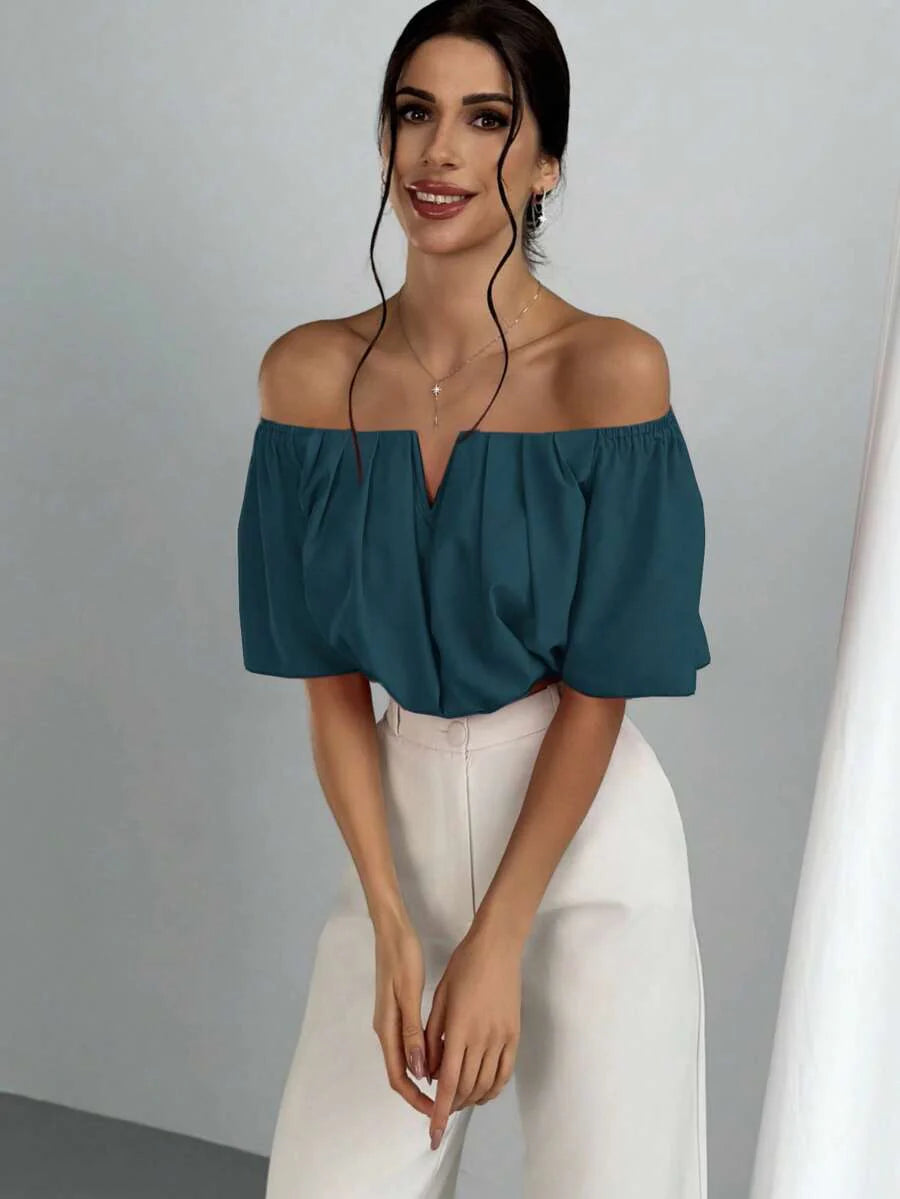 Aloruh Solid Color V-Neck Off Shoulder Casual Top
