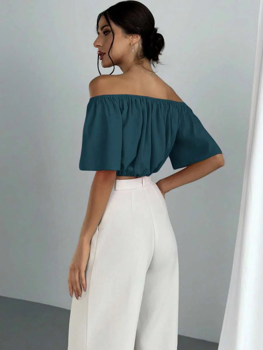 Aloruh Solid Color V-Neck Off Shoulder Casual Top