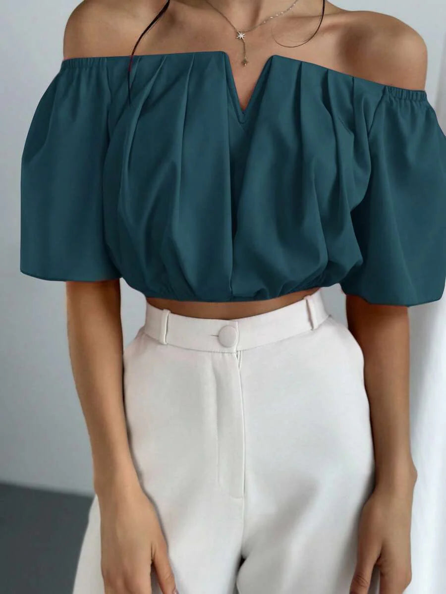 Aloruh Solid Color V-Neck Off Shoulder Casual Top