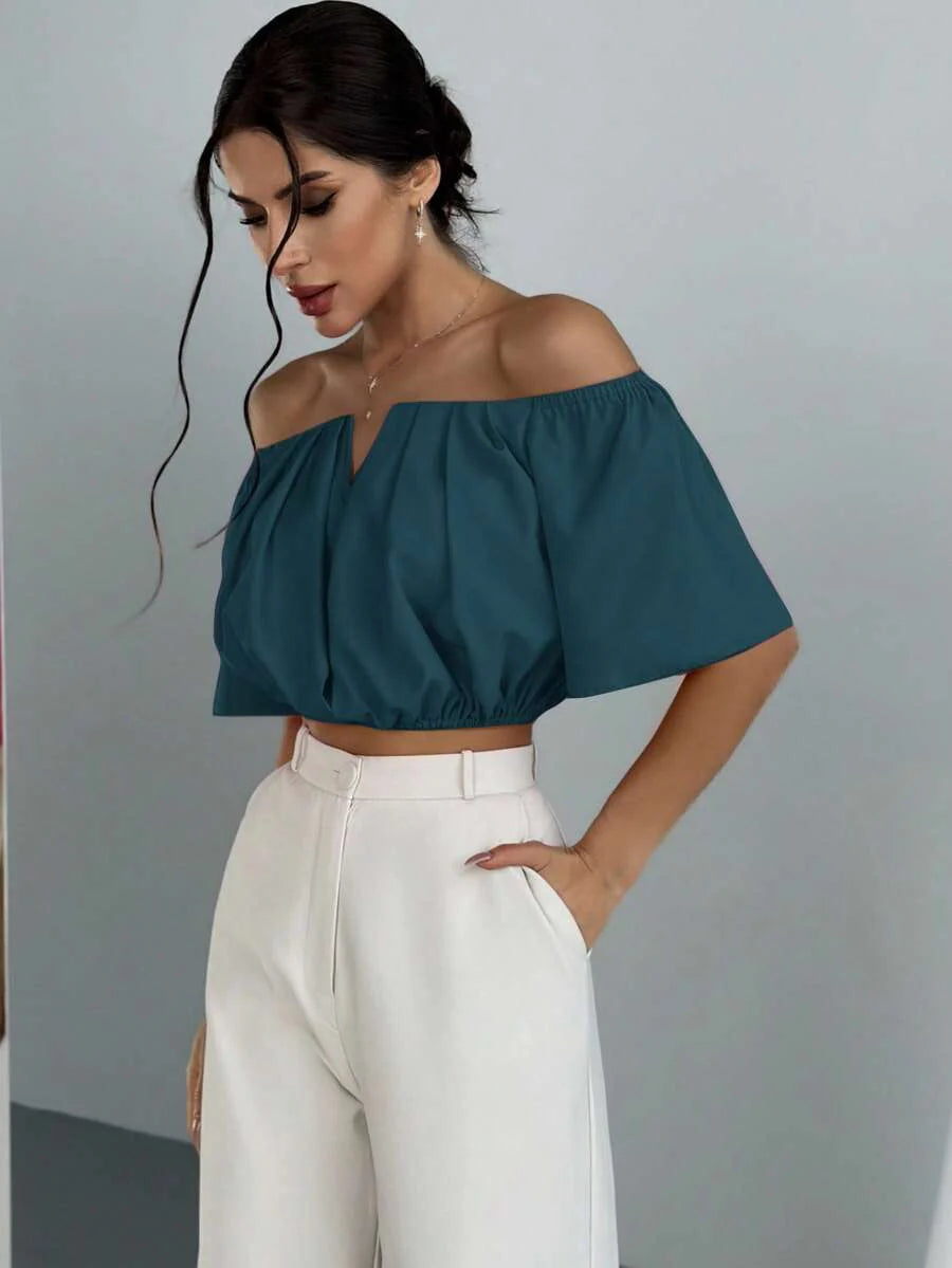 Aloruh Solid Color V-Neck Off Shoulder Casual Top
