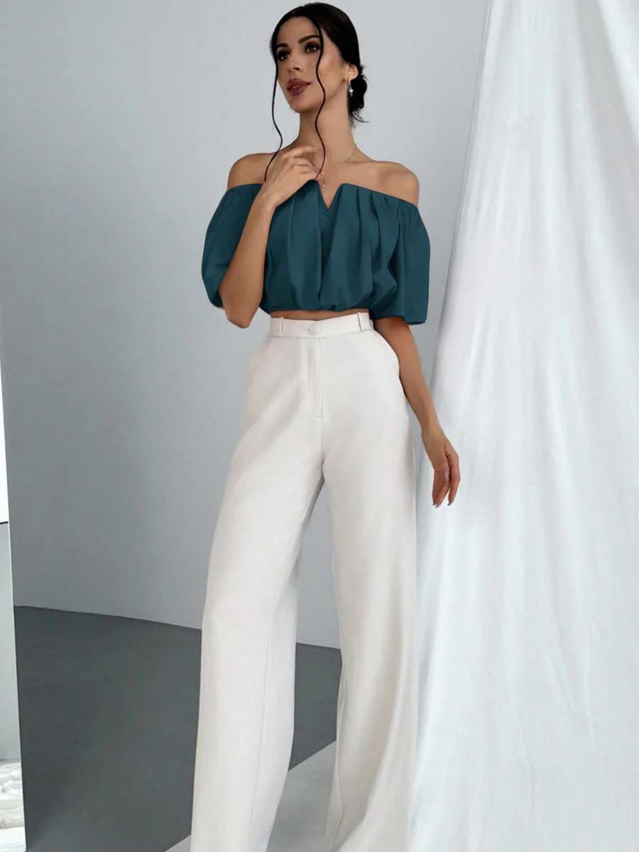 Aloruh Solid Color V-Neck Off Shoulder Casual Top