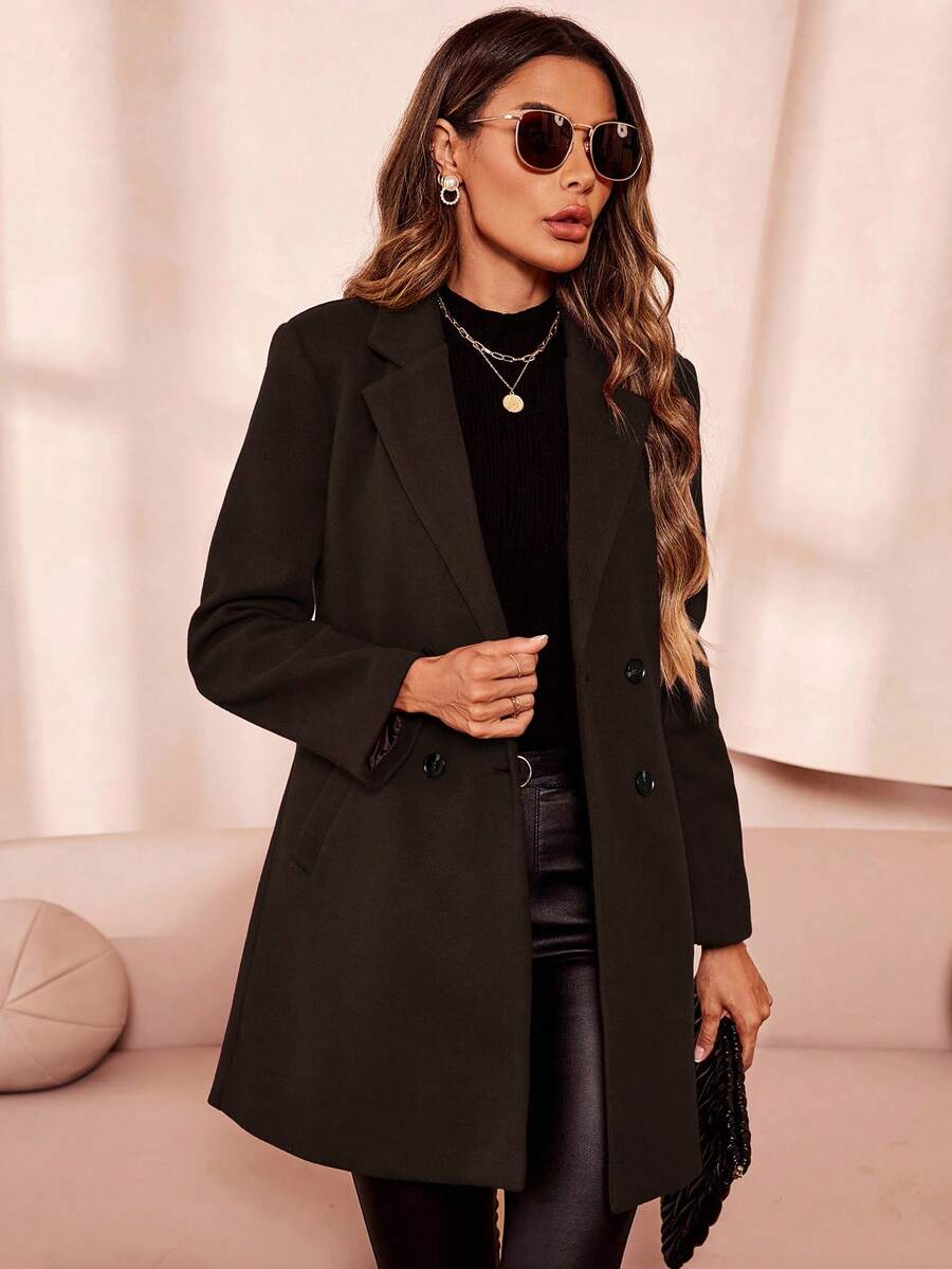 Clasi Women's Solid Color Double-Breasted Long Sleeve Woolen Windbreaker, Fashionable For Autumn/Winter