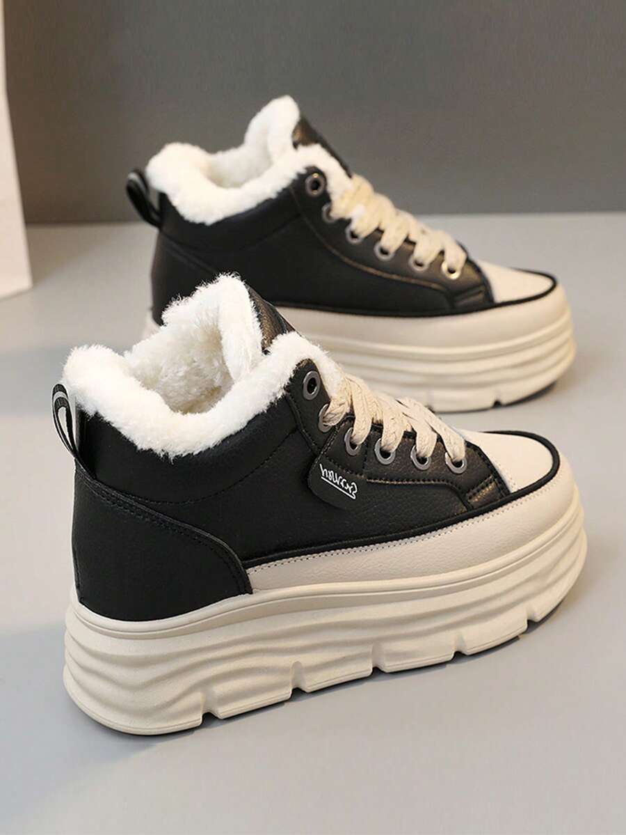 Women's Winter High-Top Sports Shoes - Thick Thermal Lined, Anti-Slip Thick Soles, Fashionable Geometric Pattern Design, Lace-Up Closure, Sneakers For Women