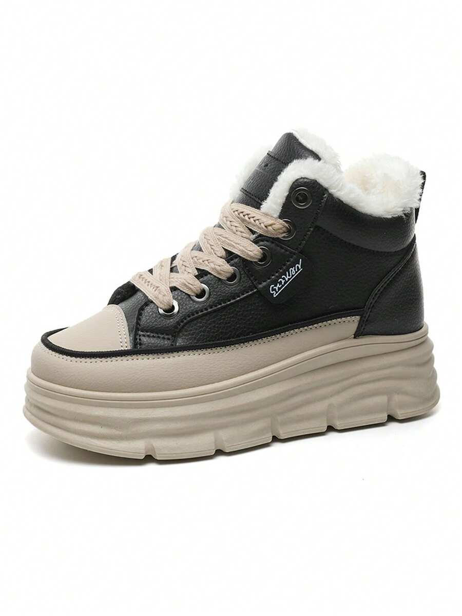 Women's Winter High-Top Sports Shoes - Thick Thermal Lined, Anti-Slip Thick Soles, Fashionable Geometric Pattern Design, Lace-Up Closure, Sneakers For Women