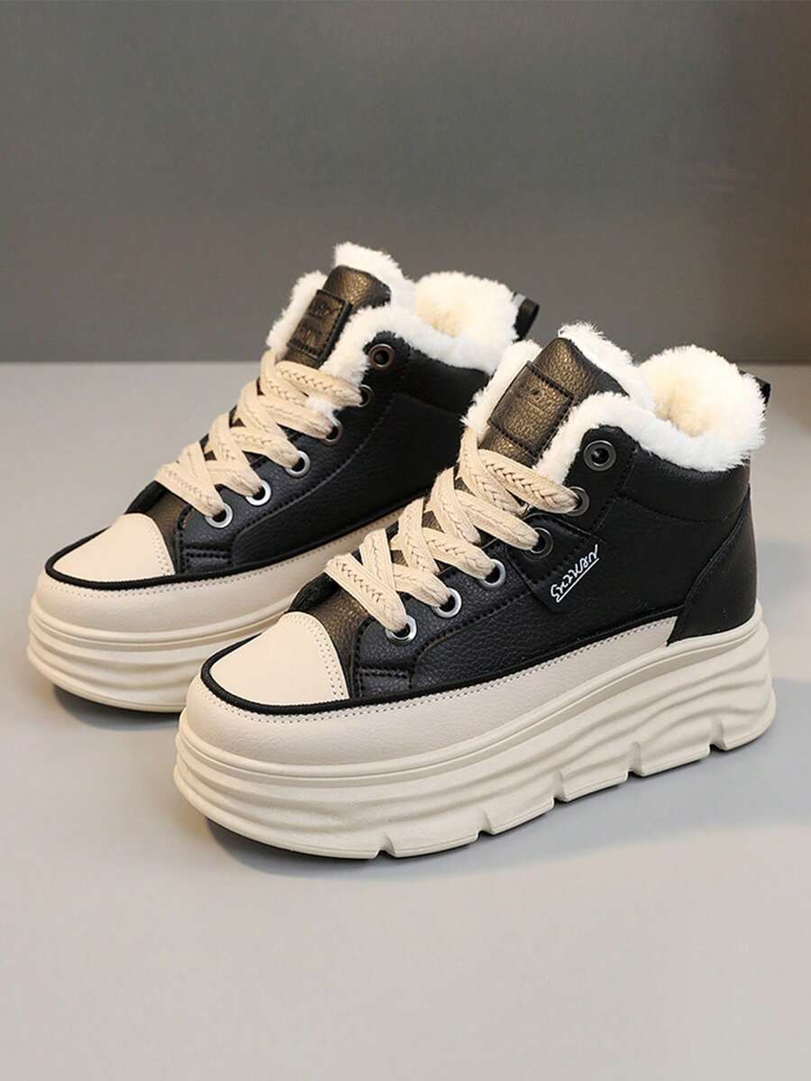 Women's Winter High-Top Sports Shoes - Thick Thermal Lined, Anti-Slip Thick Soles, Fashionable Geometric Pattern Design, Lace-Up Closure, Sneakers For Women