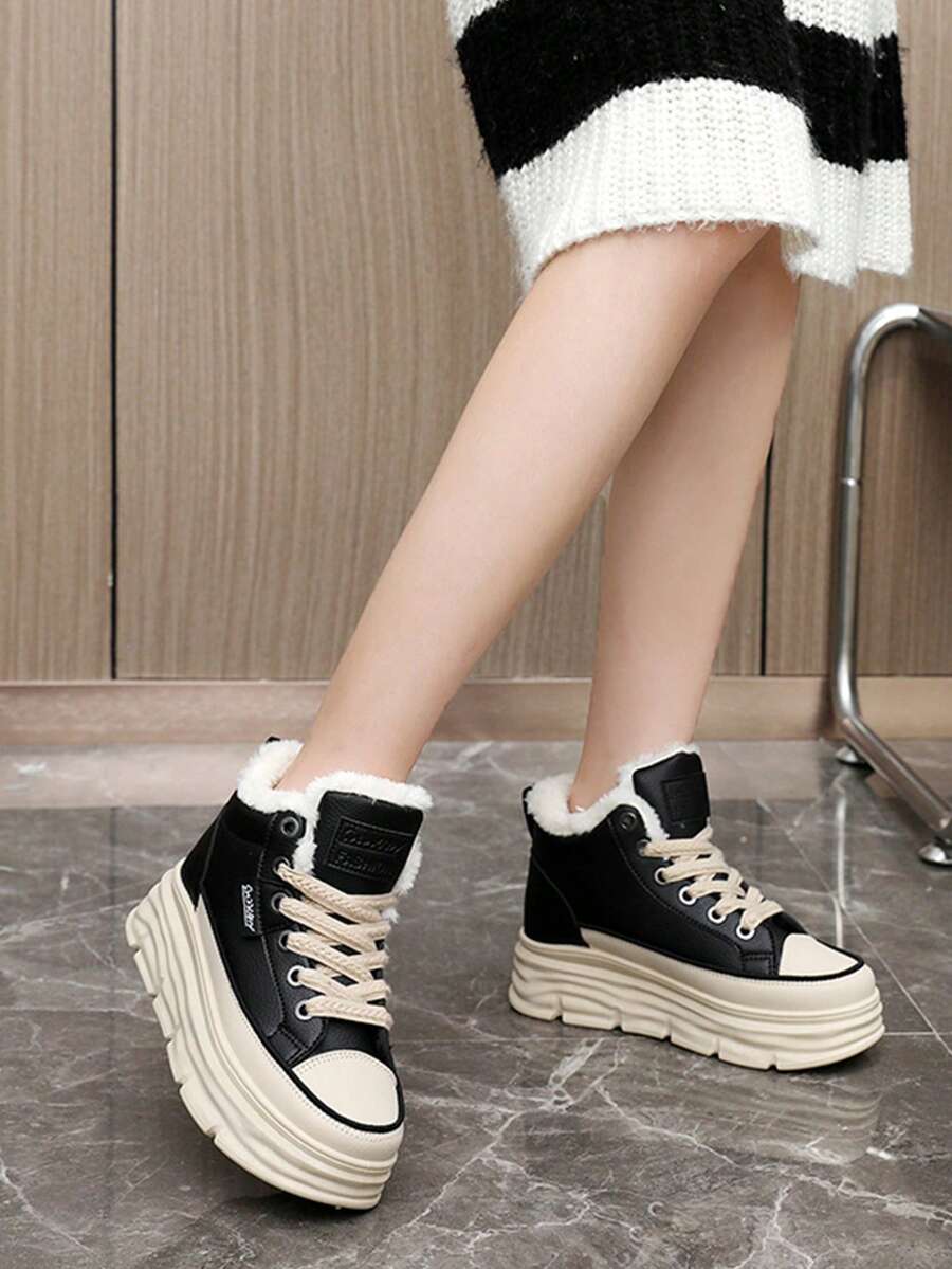 Women's Winter High-Top Sports Shoes - Thick Thermal Lined, Anti-Slip Thick Soles, Fashionable Geometric Pattern Design, Lace-Up Closure, Sneakers For Women