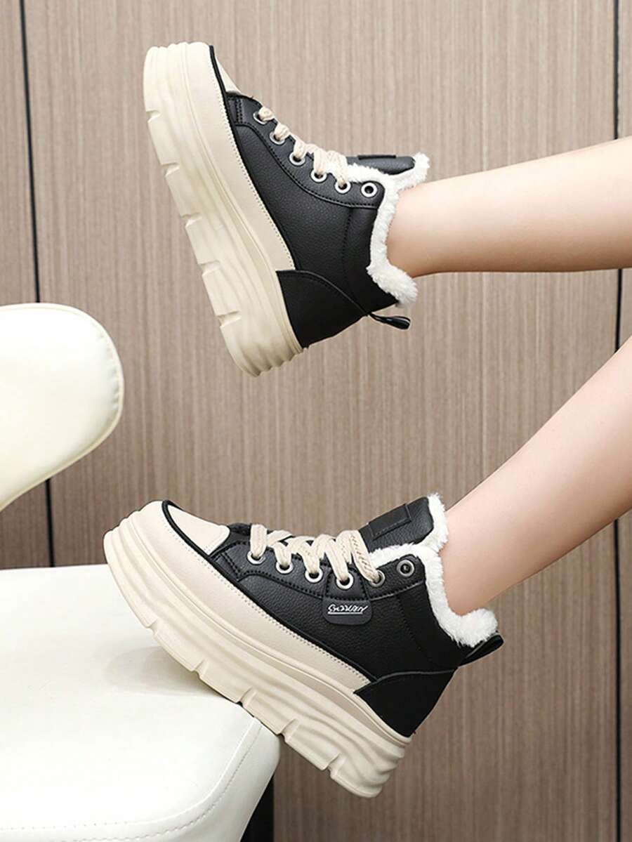 Women's Winter High-Top Sports Shoes - Thick Thermal Lined, Anti-Slip Thick Soles, Fashionable Geometric Pattern Design, Lace-Up Closure, Sneakers For Women