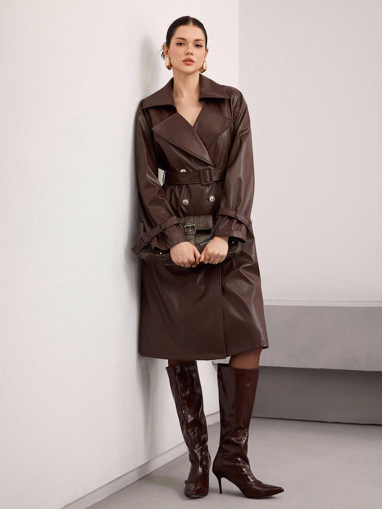 Heiryn Women's Solid Color Lapel NeckLong Sleeve Double-Breasted Casual PU Leather Regular Jacket, Autumn