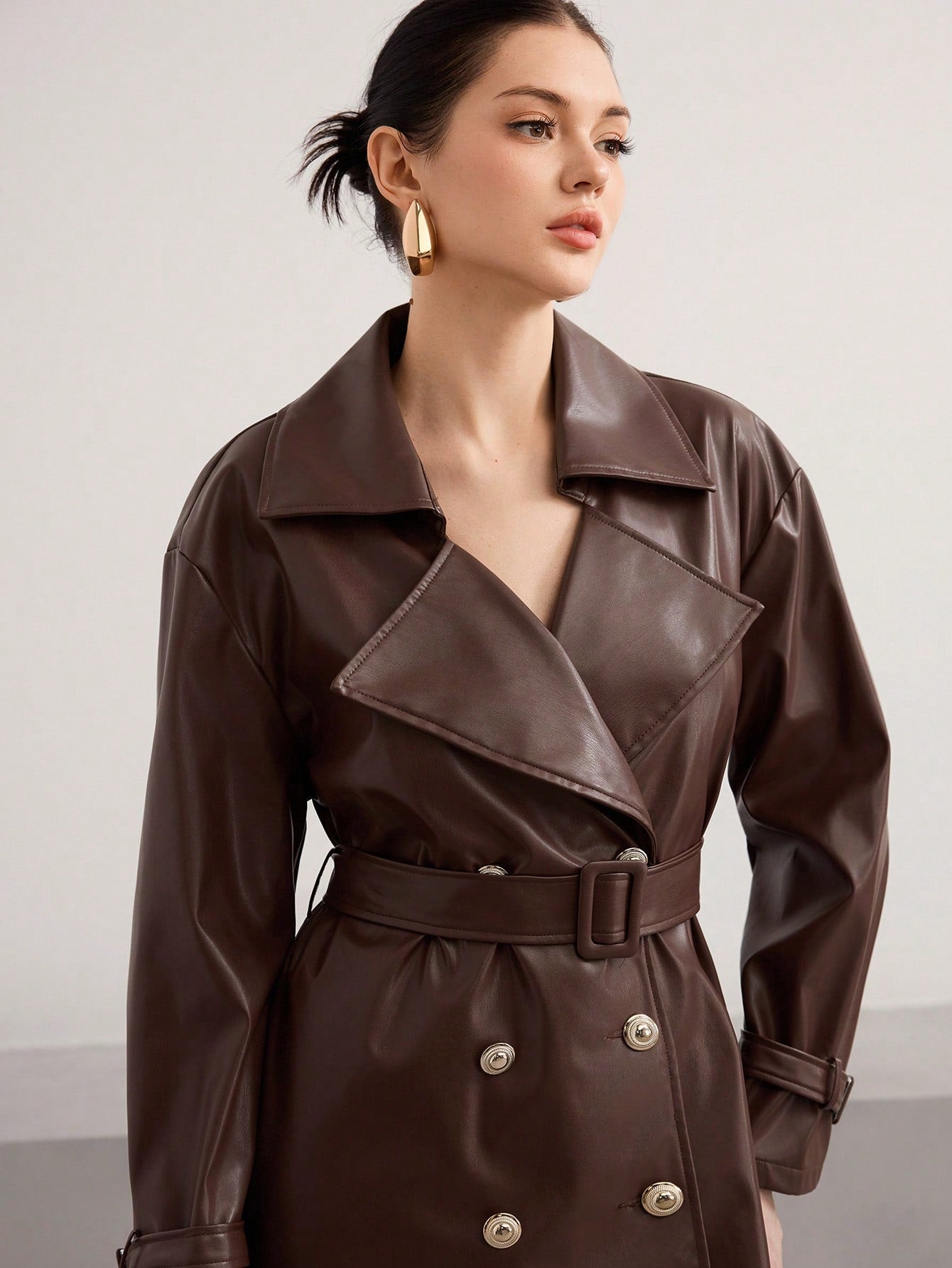 Heiryn Women's Solid Color Lapel NeckLong Sleeve Double-Breasted Casual PU Leather Regular Jacket, Autumn