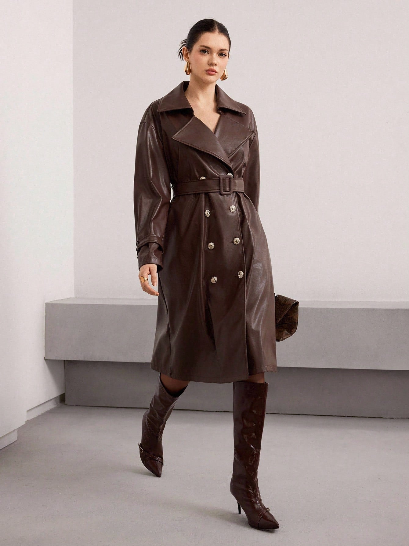 Heiryn Women's Solid Color Lapel NeckLong Sleeve Double-Breasted Casual PU Leather Regular Jacket, Autumn