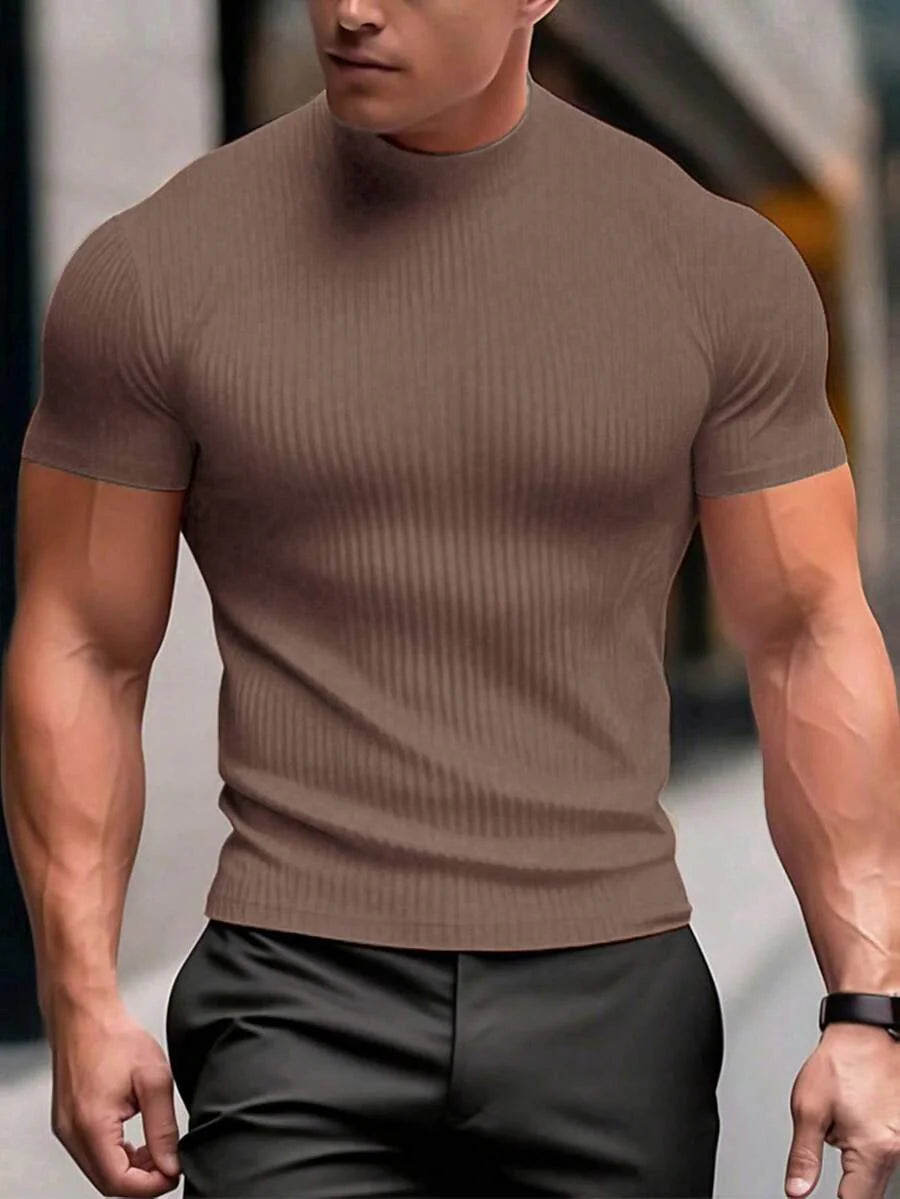 Manfinity Homme Men's Solid Color Ribbed Short Sleeve T-Shirt, Fall