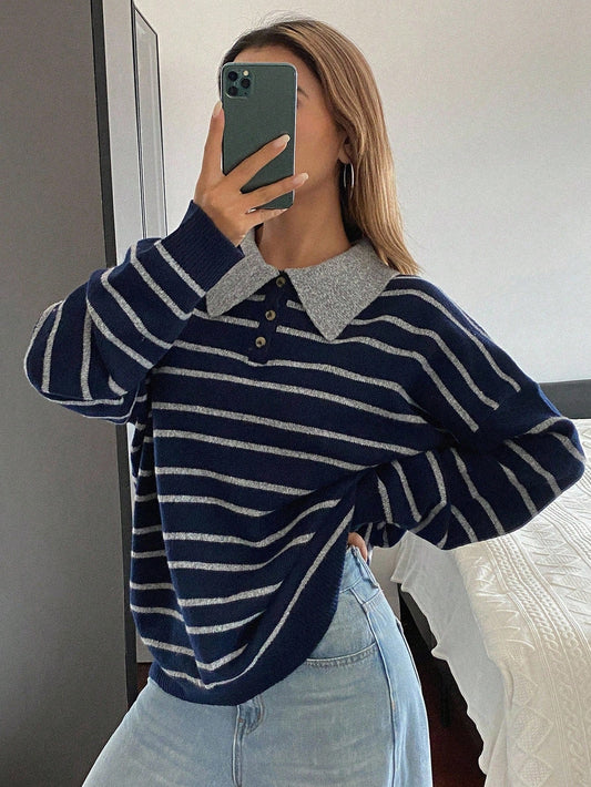 DAZY Retro American Striped Contrast Color Loose Fit Sweater