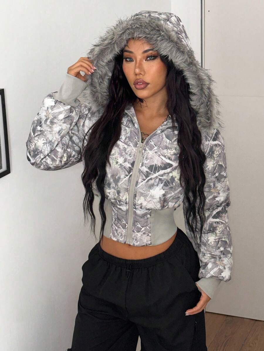 Coolane Women's Winter RETRO PUNK Hippie Grunge  Streetwear  Vintage Tree Branch Pattern Warm/ Cold Weather/ Thermal Padded Fuzzy Neck Zip Up Quilted Coat Cropped Puffer Jacket Faux Fur Trimmed Jacket Camo Jacket