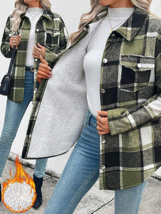 EMERY ROSE Women's Plaid Single-Breasted Casual Fleece Jacket, Autumn/Winter