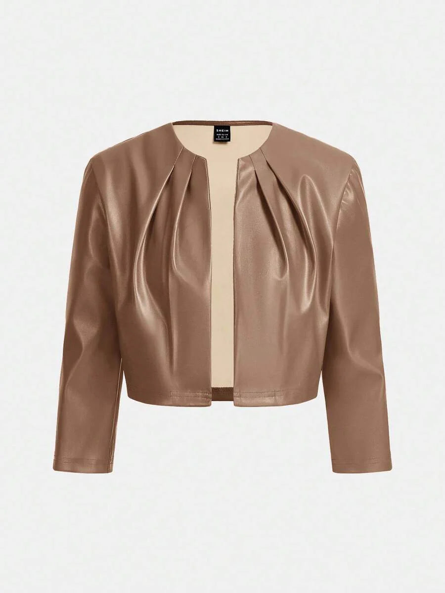 SHEIN Essence Women's Fashionable Commuter Solid Color Cropped Leather Jacket