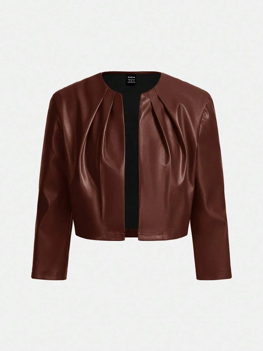 SHEIN Essence Women's Fashionable Commuter Solid Color Cropped Leather Jacket