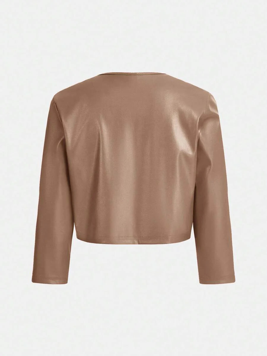 SHEIN Essence Women's Fashionable Commuter Solid Color Cropped Leather Jacket