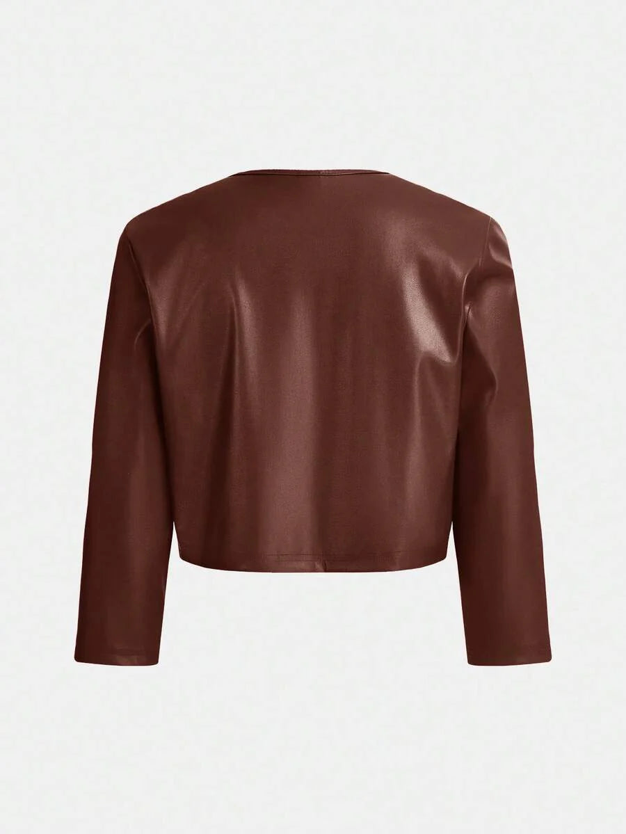 SHEIN Essence Women's Fashionable Commuter Solid Color Cropped Leather Jacket