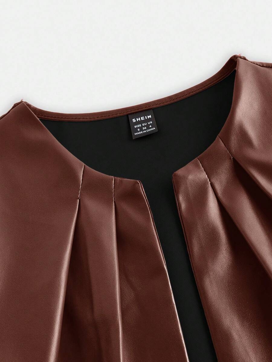 SHEIN Essence Women's Fashionable Commuter Solid Color Cropped Leather Jacket