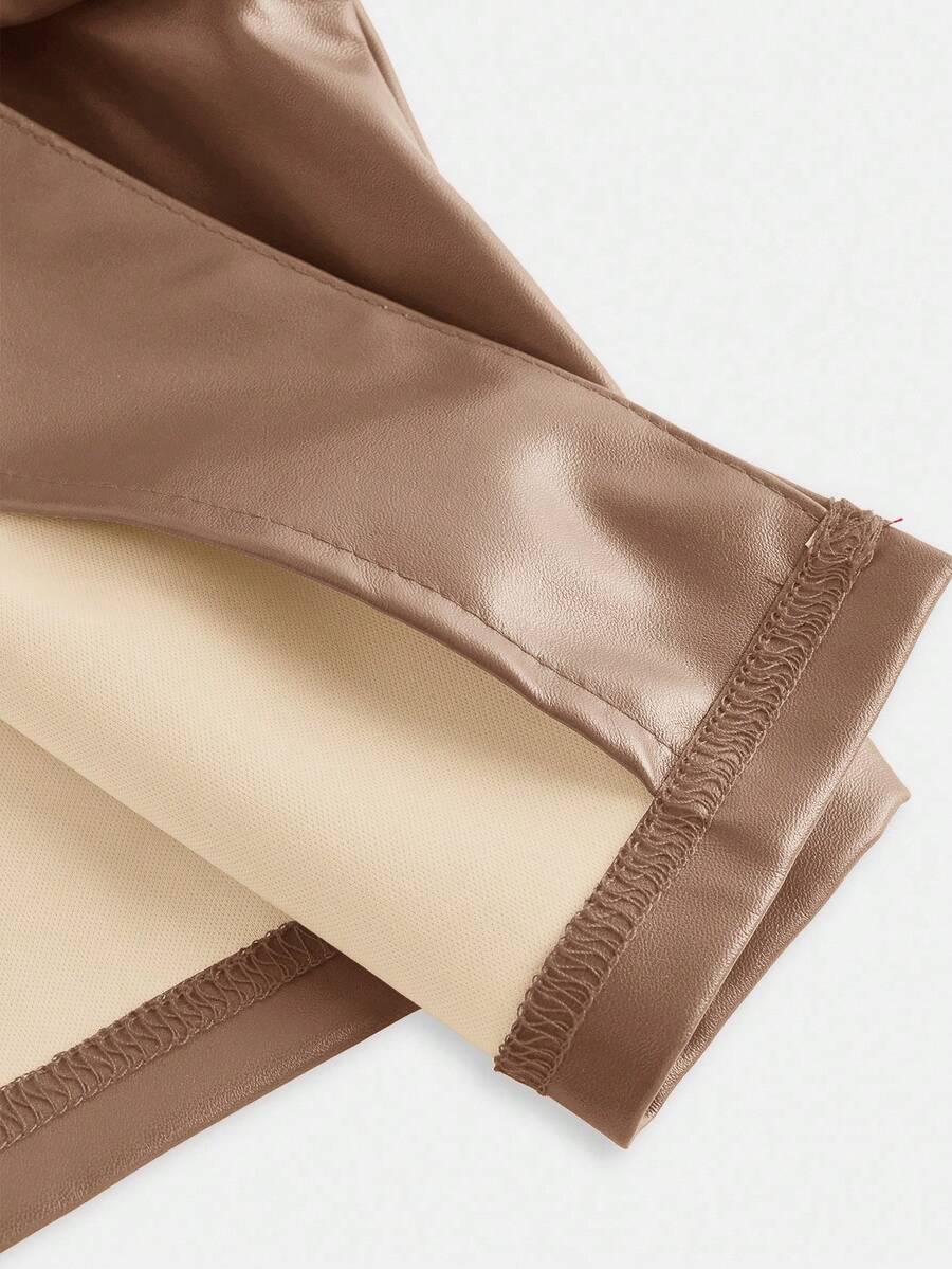 SHEIN Essence Women's Fashionable Commuter Solid Color Cropped Leather Jacket
