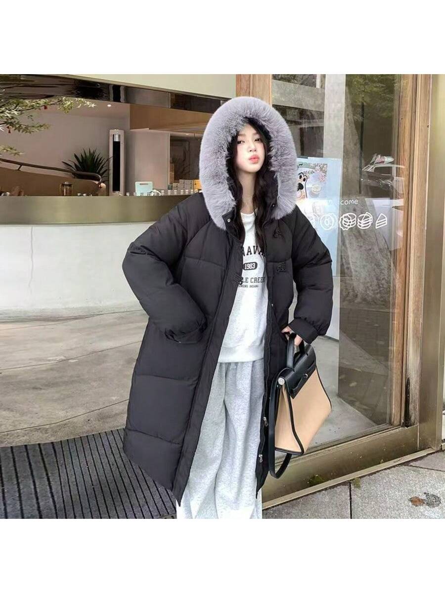 Women's Black Hooded Mid-Length Down Jacket, Regular Long Sleeve With Pockets, Woven Fabric Winter Warm Coat