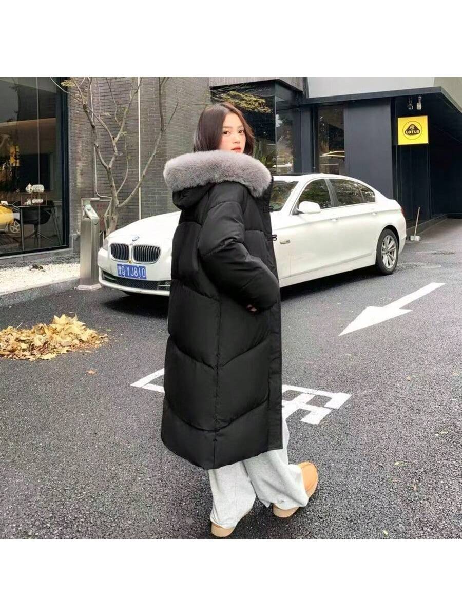 Women's Black Hooded Mid-Length Down Jacket, Regular Long Sleeve With Pockets, Woven Fabric Winter Warm Coat