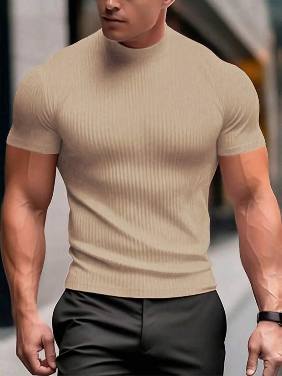 Manfinity Homme Men's Solid Color Ribbed Short Sleeve T-Shirt, Fall