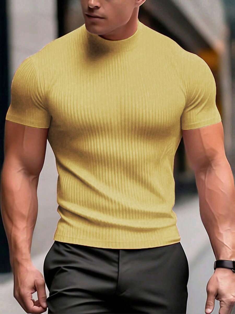 Manfinity Homme Men's Solid Color Ribbed Short Sleeve T-Shirt, Fall