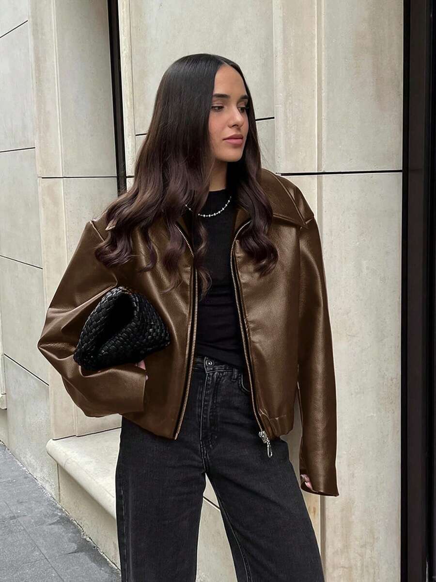 Women's Fashion Long Sleeve PU Leather Short Jacket With Collar And Zipper Details, Stylish Outerwear