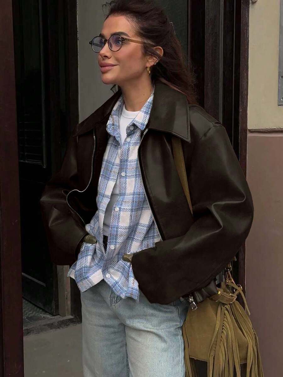 Vintage Casual Motorcycle Style Matte Leather Jacket For Women, Chic European And American Fashion, Zipper Closure, Warm And Windproof, Autumn