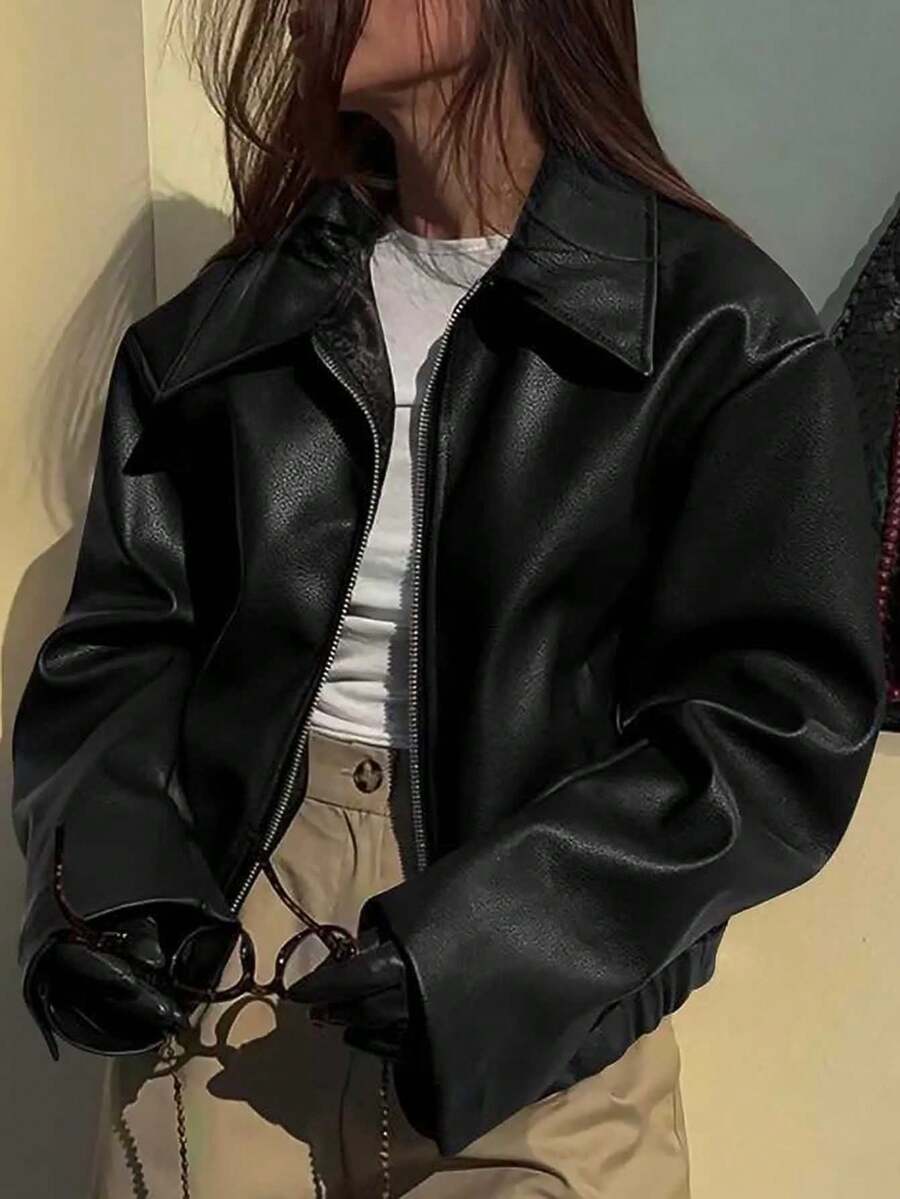 Women's Fashion Long Sleeve PU Leather Short Jacket With Collar And Zipper Details, Stylish Outerwear