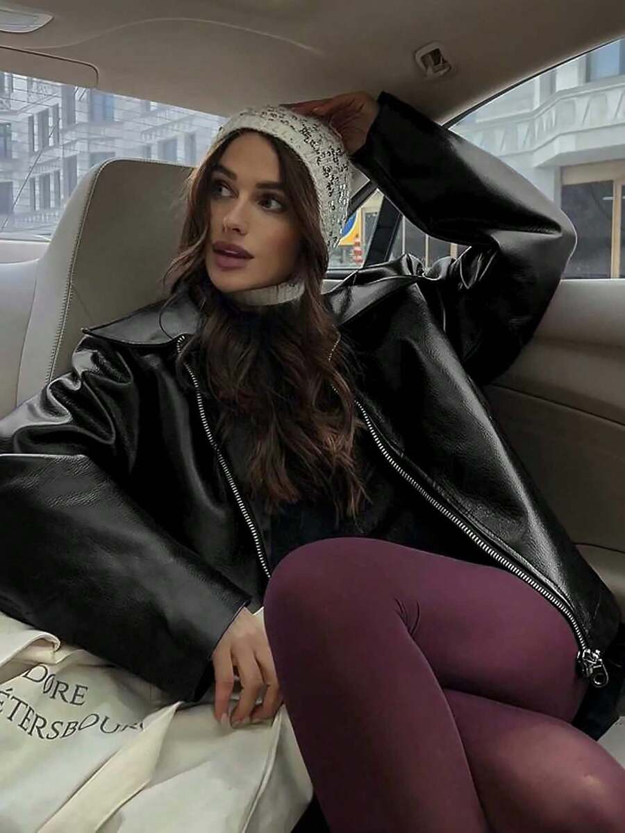 Vintage Casual Motorcycle Style Matte Leather Jacket For Women, Chic European And American Fashion, Zipper Closure, Warm And Windproof, Autumn