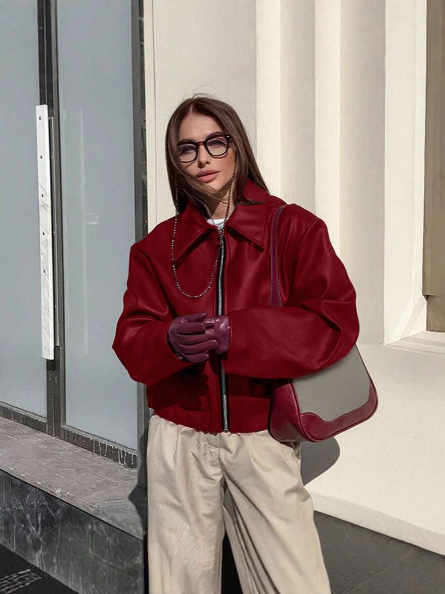 Vintage Casual Motorcycle Style Matte Leather Jacket For Women, Chic European And American Fashion, Zipper Closure, Warm And Windproof, Autumn