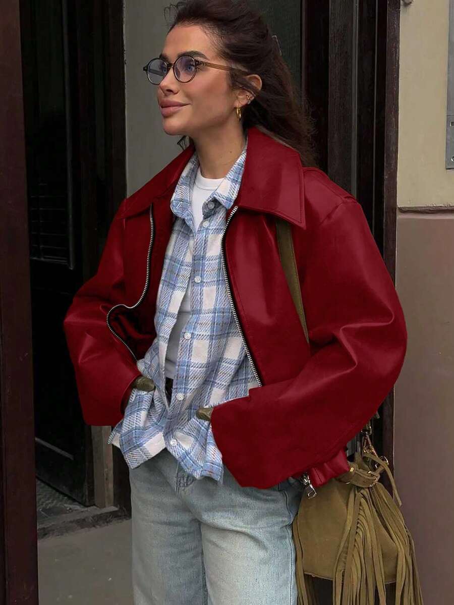 Vintage Casual Motorcycle Style Matte Leather Jacket For Women, Chic European And American Fashion, Zipper Closure, Warm And Windproof, Autumn