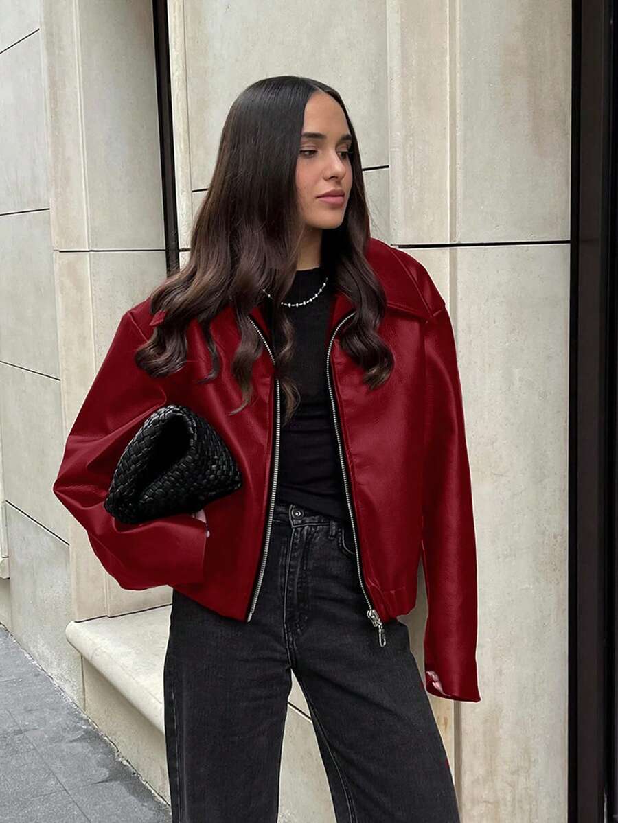 Vintage Casual Motorcycle Style Matte Leather Jacket For Women, Chic European And American Fashion, Zipper Closure, Warm And Windproof, Autumn