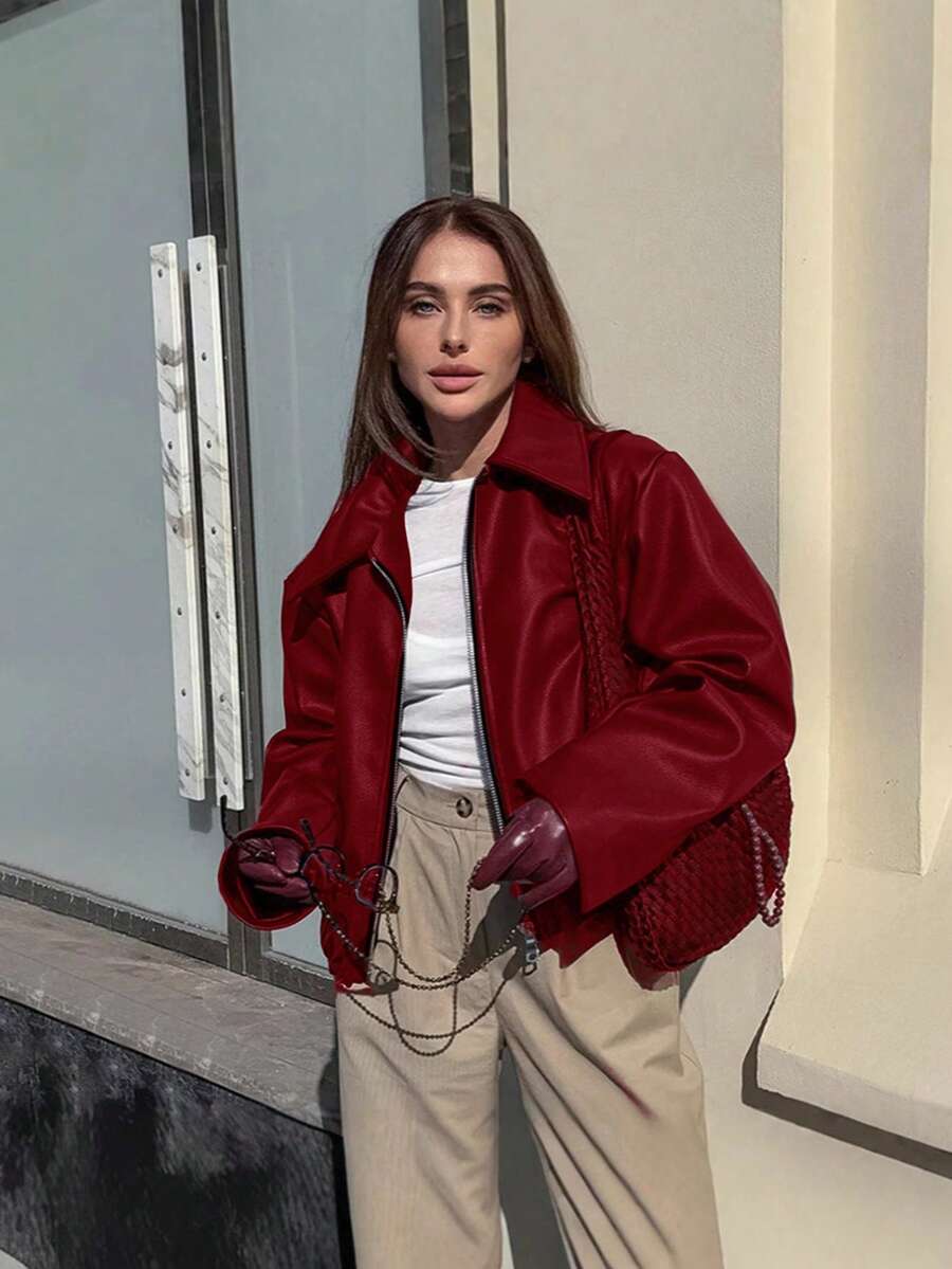 Vintage Casual Motorcycle Style Matte Leather Jacket For Women, Chic European And American Fashion, Zipper Closure, Warm And Windproof, Autumn