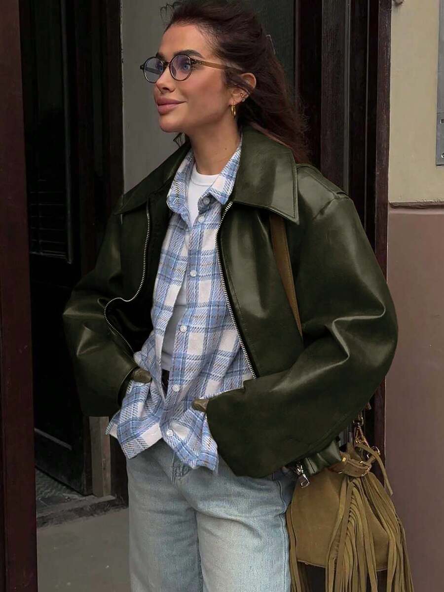 Vintage Casual Motorcycle Style Matte Leather Jacket For Women, Chic European And American Fashion, Zipper Closure, Warm And Windproof, Autumn