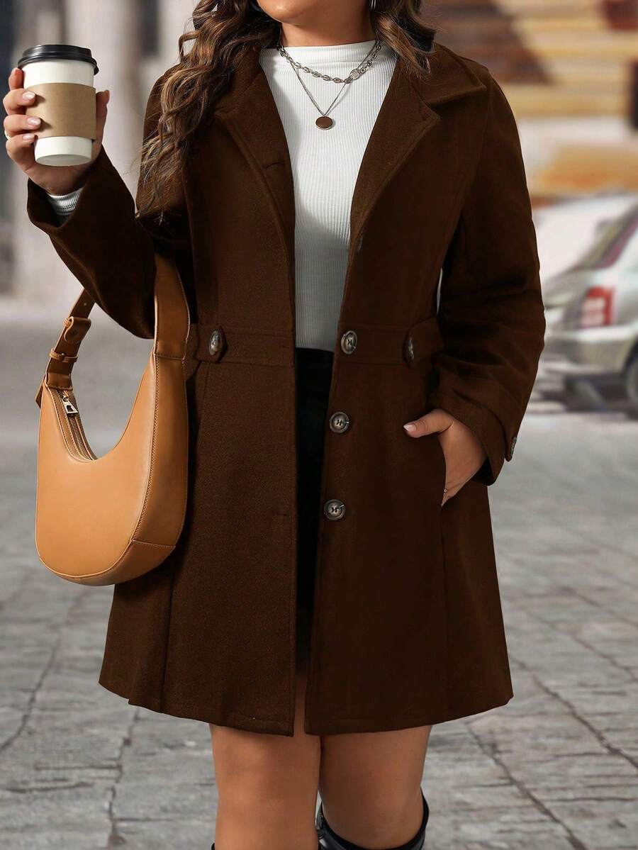 EMERY ROSE Black Lapel Button Decor Waist Cinched Mid-Length Women Overcoat
