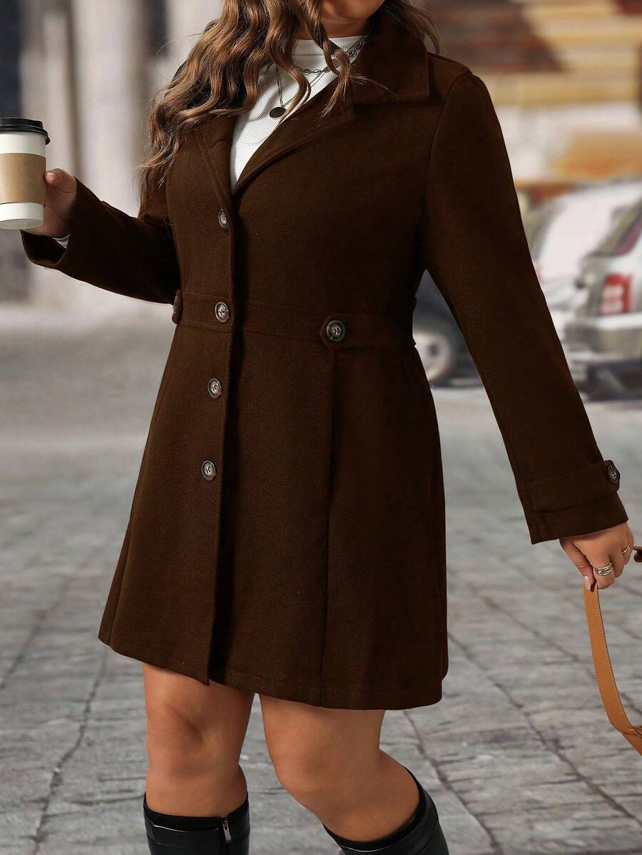 EMERY ROSE Black Lapel Button Decor Waist Cinched Mid-Length Women Overcoat