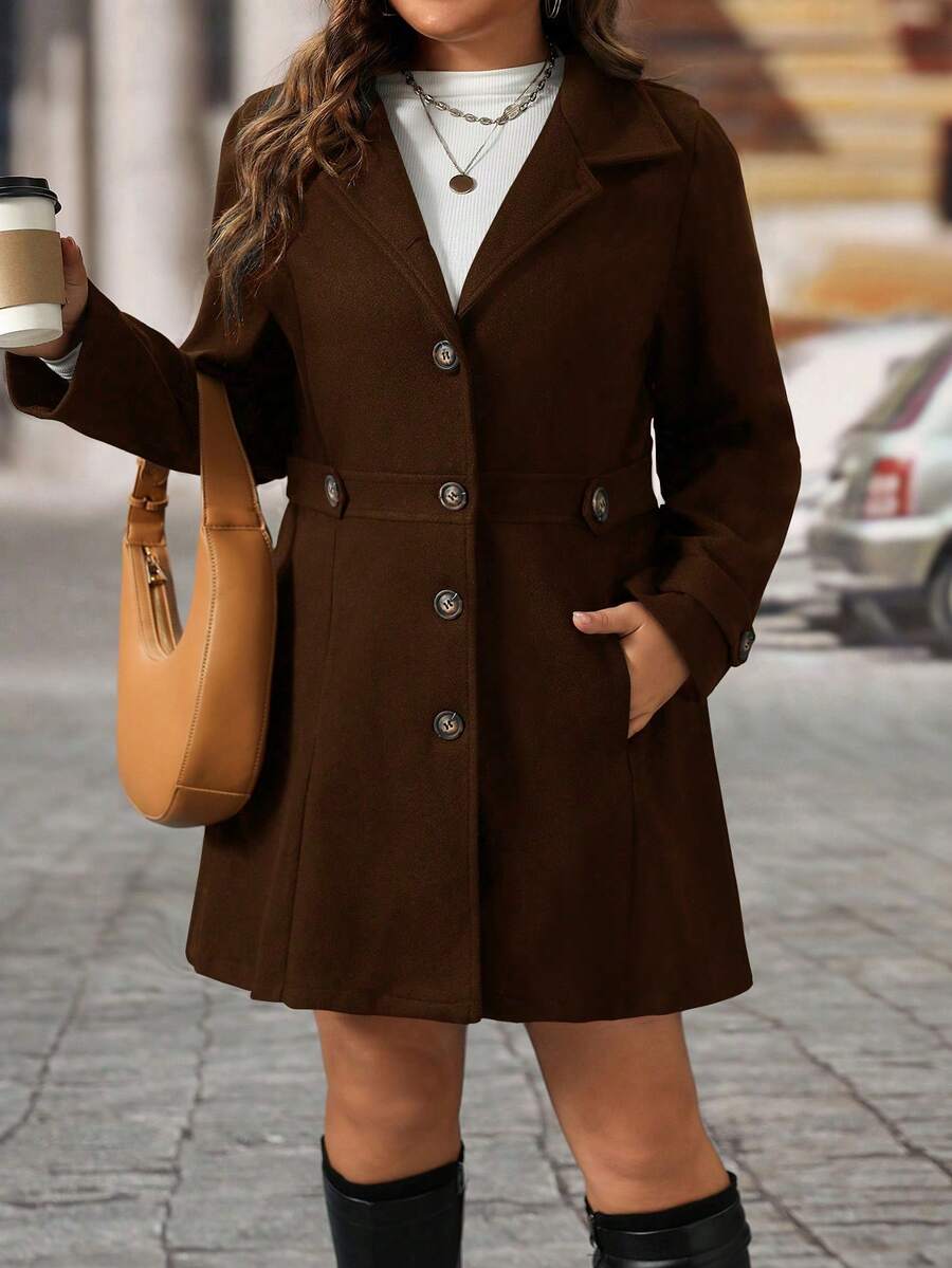 EMERY ROSE Black Lapel Button Decor Waist Cinched Mid-Length Women Overcoat