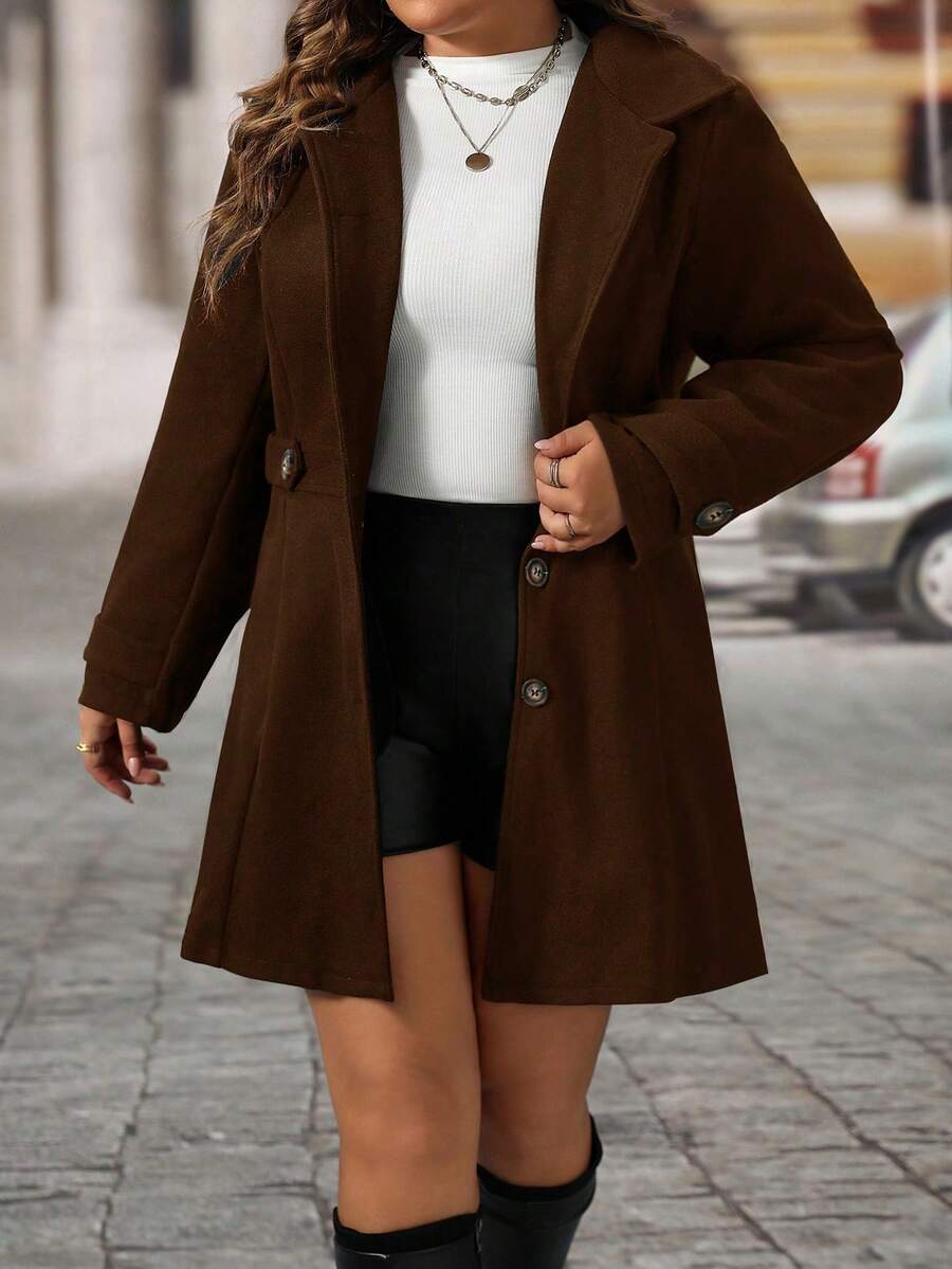 EMERY ROSE Black Lapel Button Decor Waist Cinched Mid-Length Women Overcoat