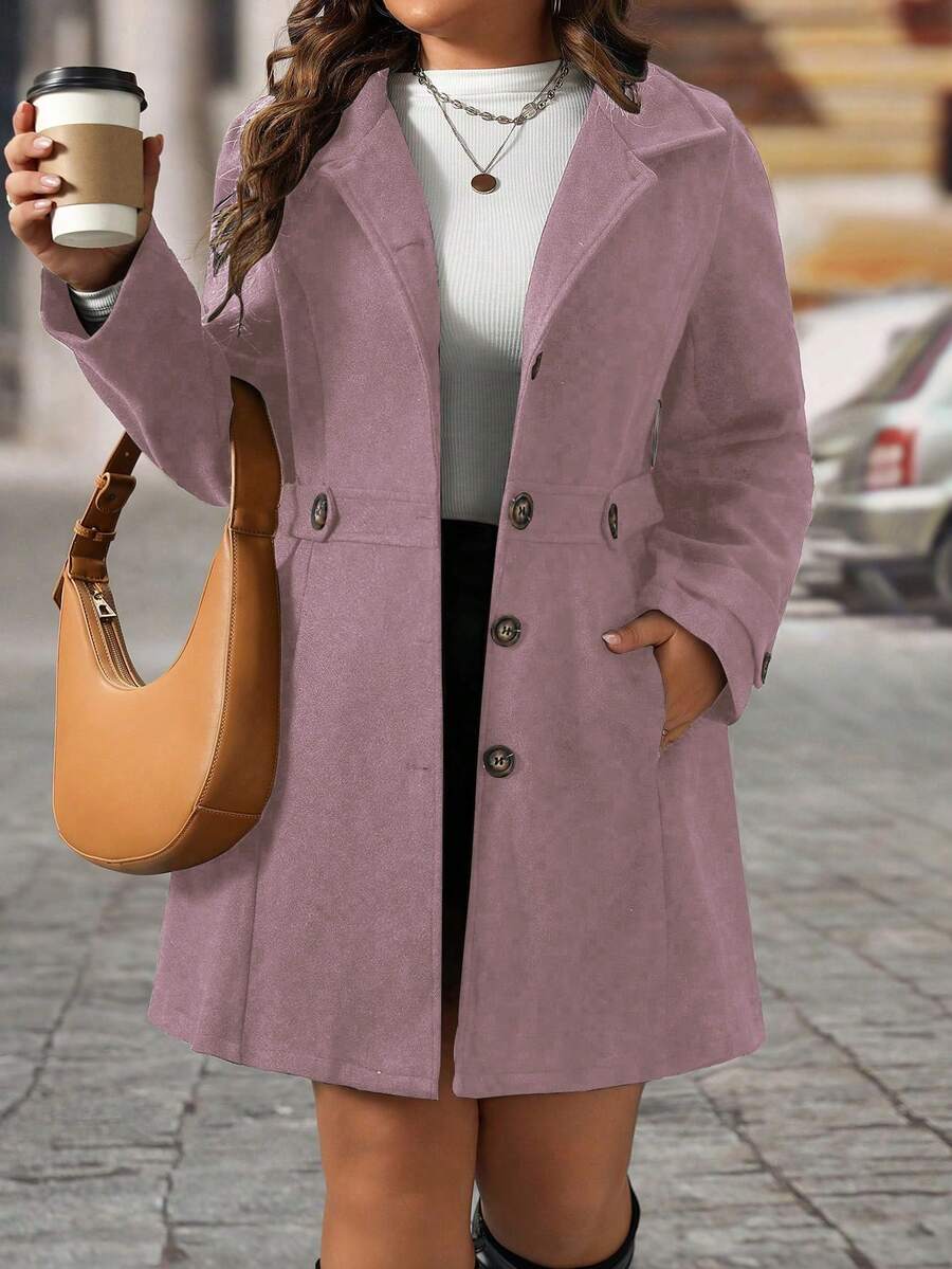 EMERY ROSE Black Lapel Button Decor Waist Cinched Mid-Length Women Overcoat