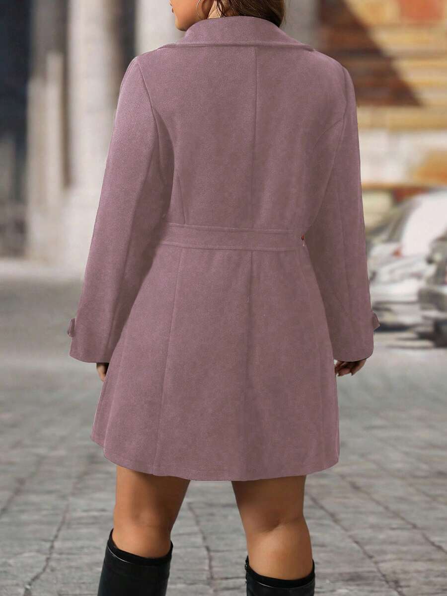 EMERY ROSE Black Lapel Button Decor Waist Cinched Mid-Length Women Overcoat