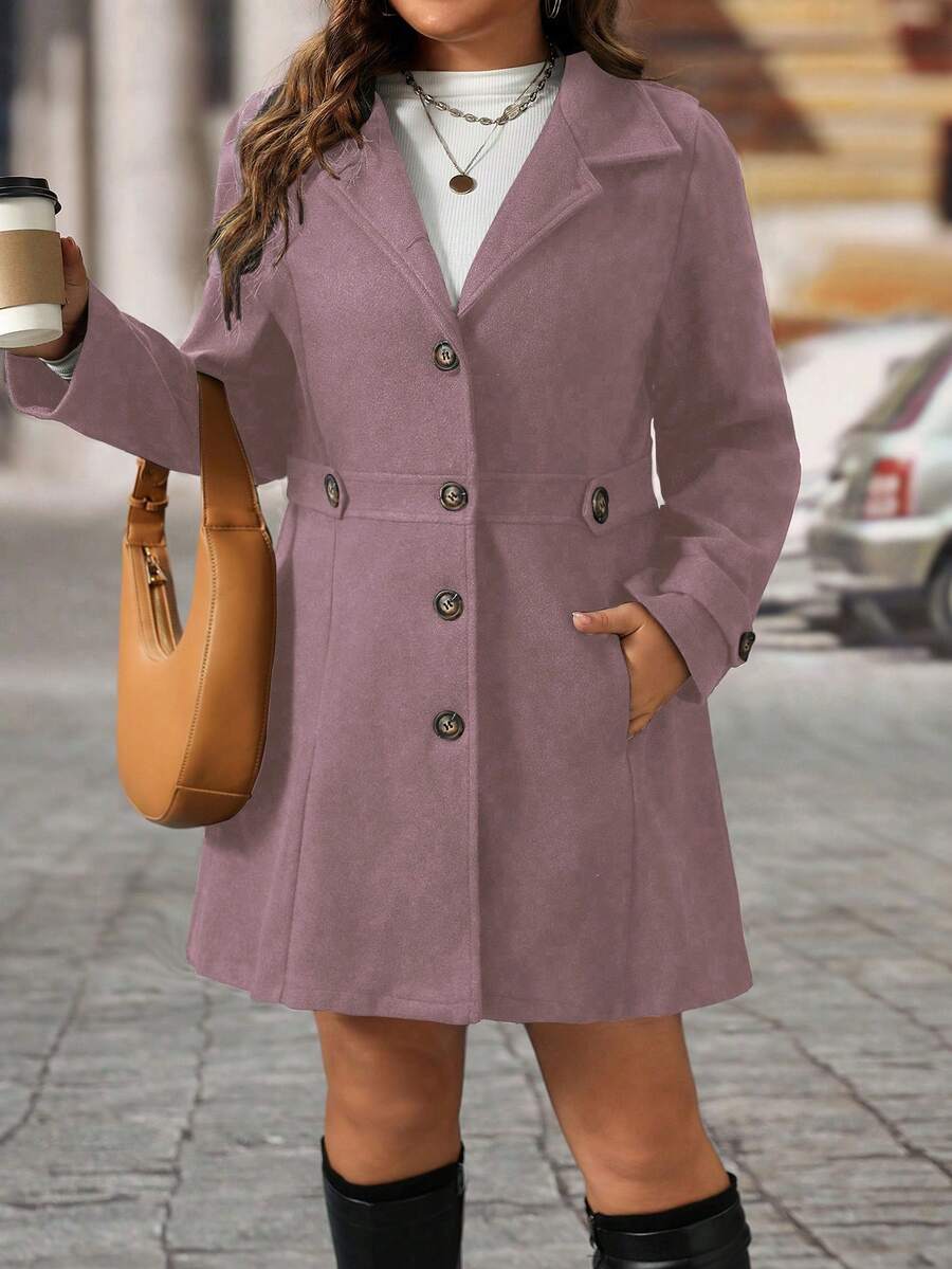 EMERY ROSE Black Lapel Button Decor Waist Cinched Mid-Length Women Overcoat