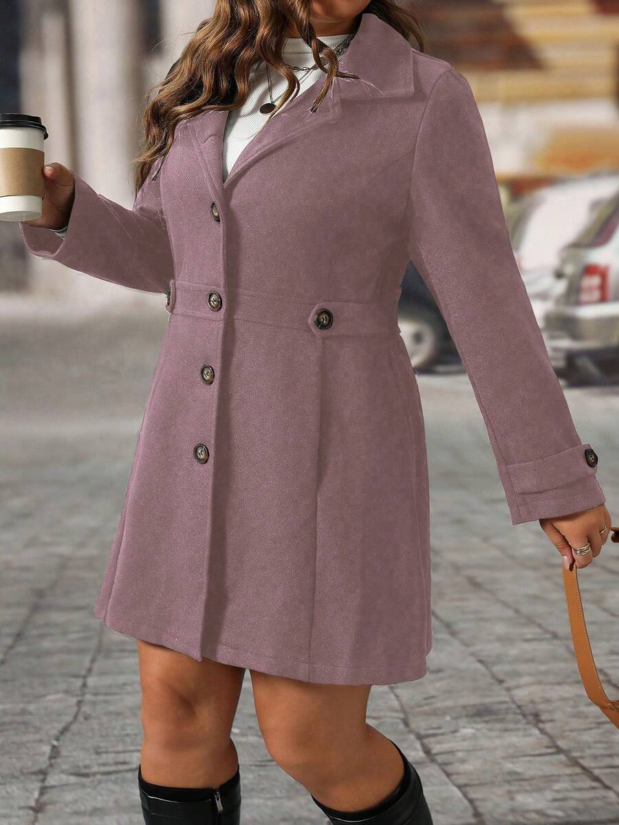 EMERY ROSE Black Lapel Button Decor Waist Cinched Mid-Length Women Overcoat