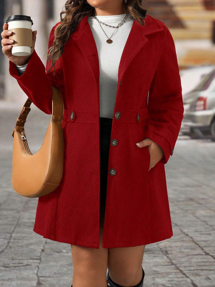 EMERY ROSE Black Lapel Button Decor Waist Cinched Mid-Length Women Overcoat